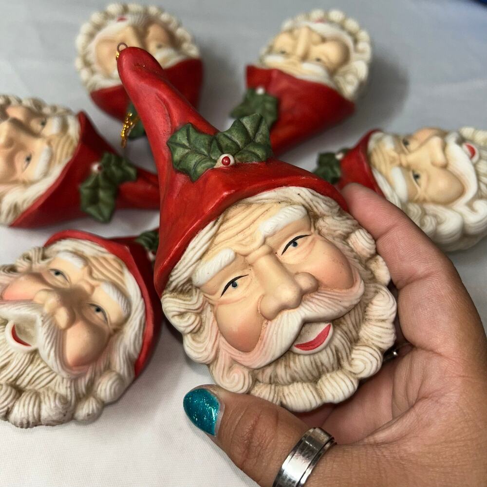 Vintage Santa Clause Face Ornament Set of 6 Hand Painted Christmas Holiday Holly